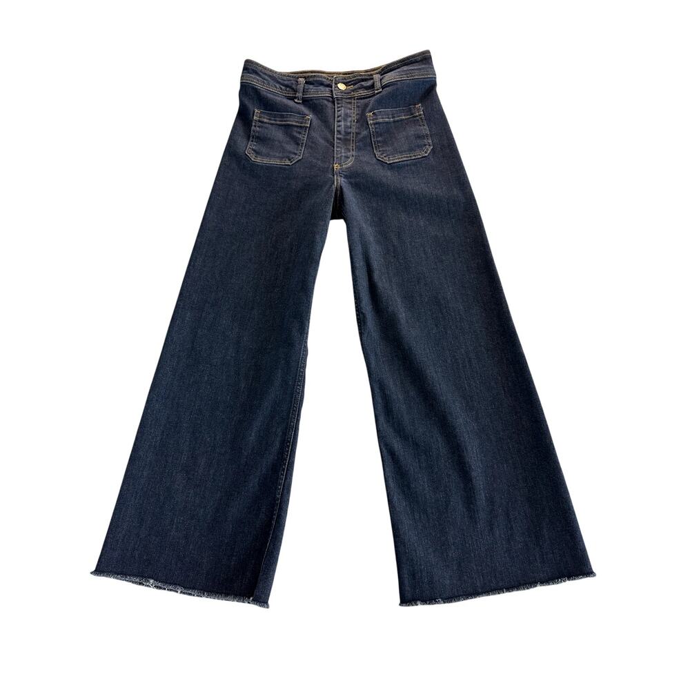 Zara Wide Leg Crop Jeans Women 8 Dark Wash Fringe Hem Sailor Pocket Bohoo Chic